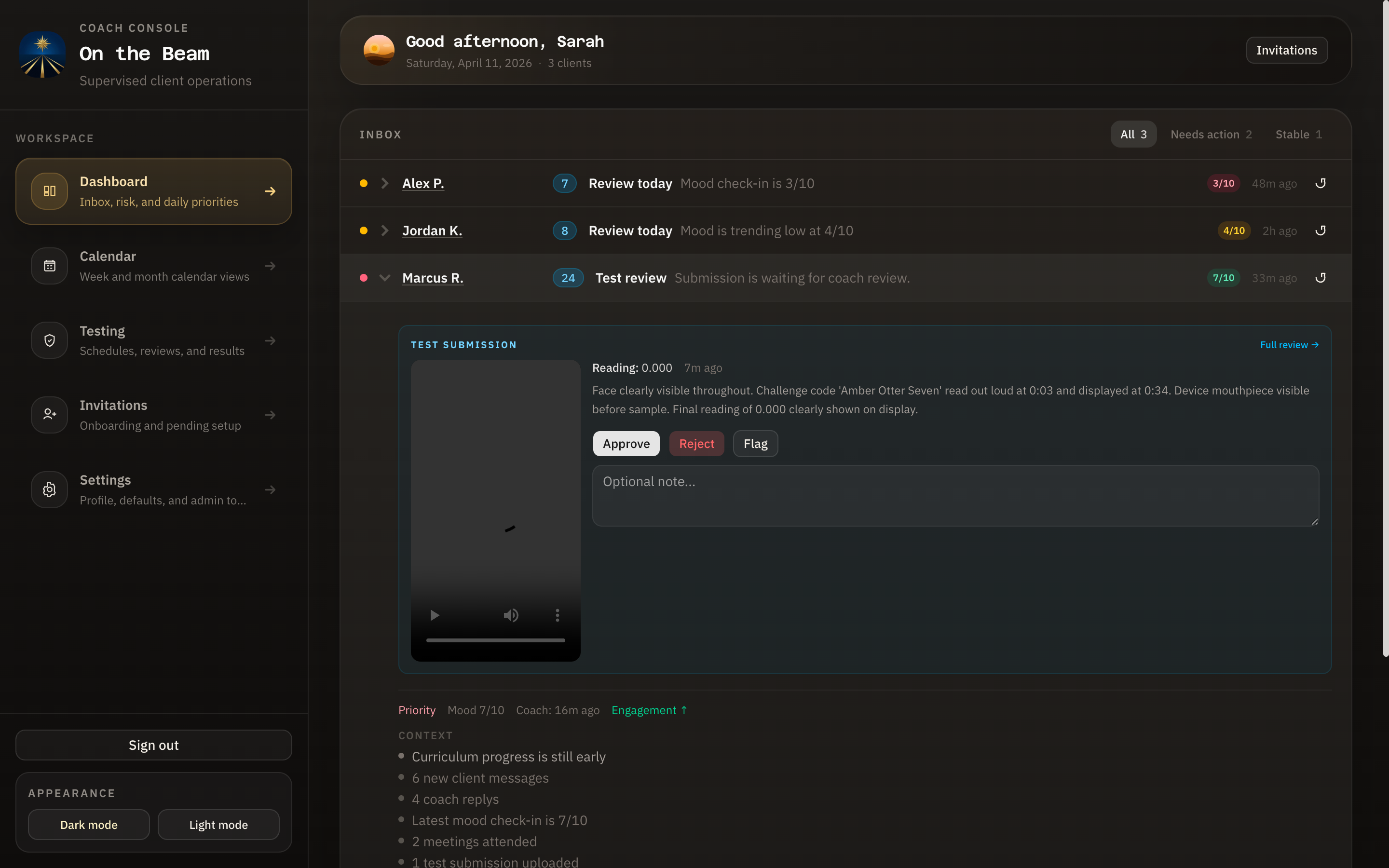 Coach dashboard showing a single client row with recent check-ins and activity