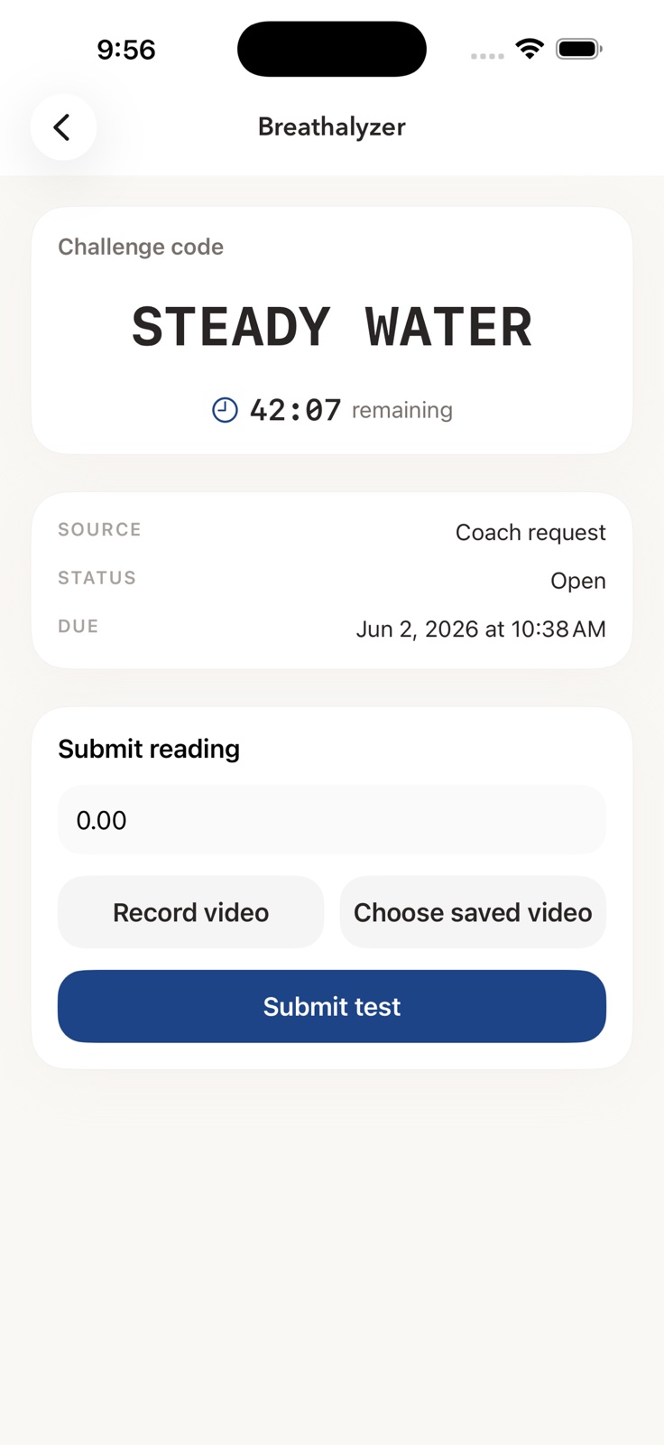 Native OnTheBeam app breathalyzer request screen showing challenge code, timer, BAC entry, video capture, and submit test button